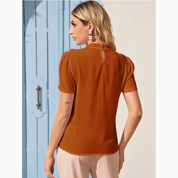 AUDUE size small
Women's Frill Trim Ruffle Neck Chiffon Blouse Burnt Orange - Picture 2 of 2